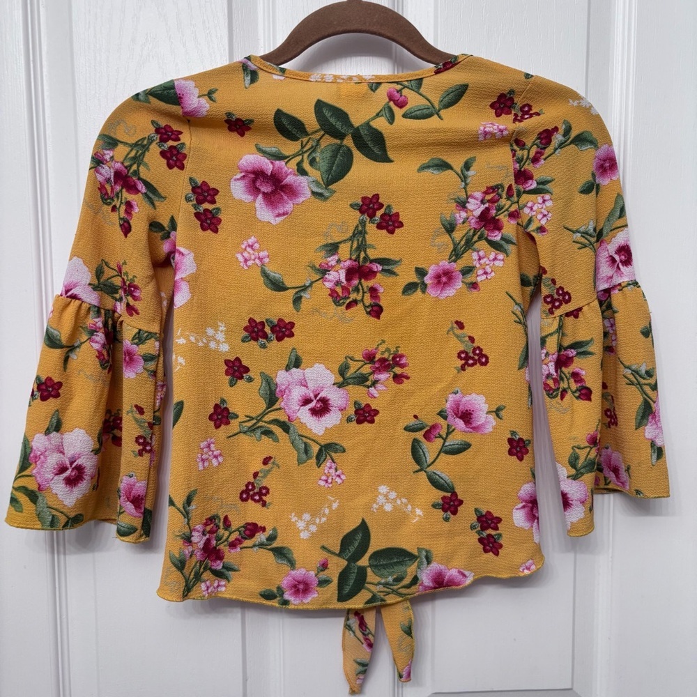Mustard Floral Tie-Front Top | Lily Bleu Girls L (14) - Picture 7 of 8